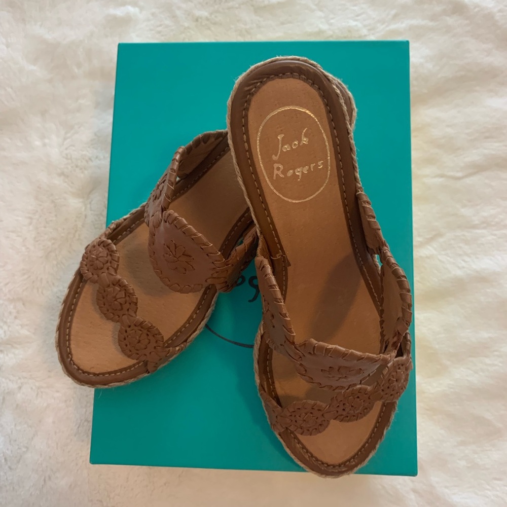Jack Rogers Shelby Leather Wedge Espadrilles size 8 Cognac